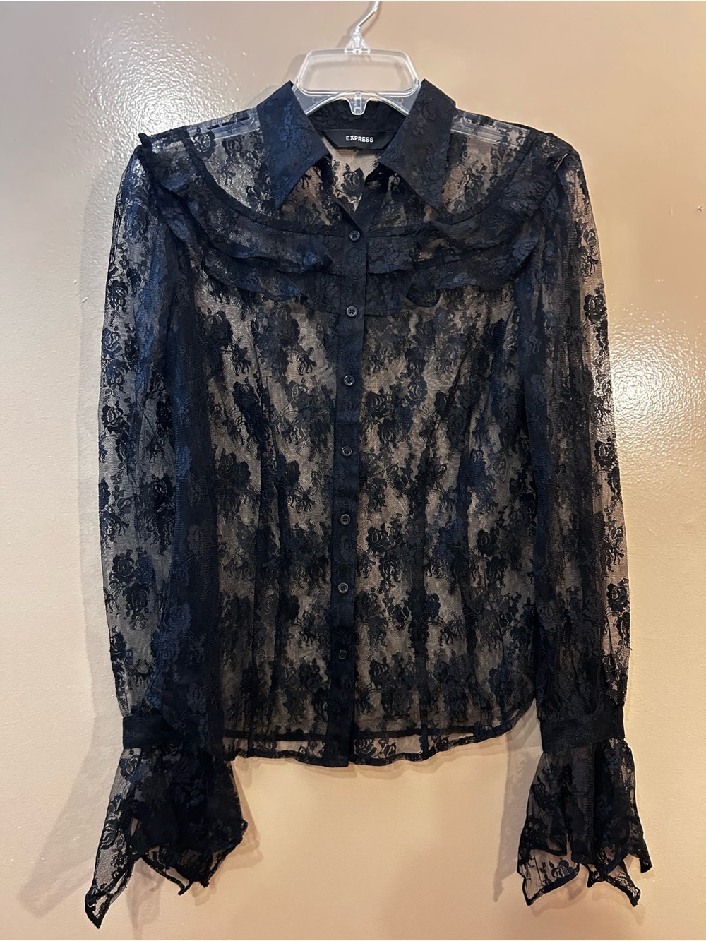 Express Sheer Black Lace Button-Down Blouse